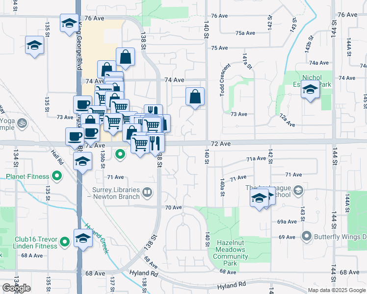 map of restaurants, bars, coffee shops, grocery stores, and more near in Surrey