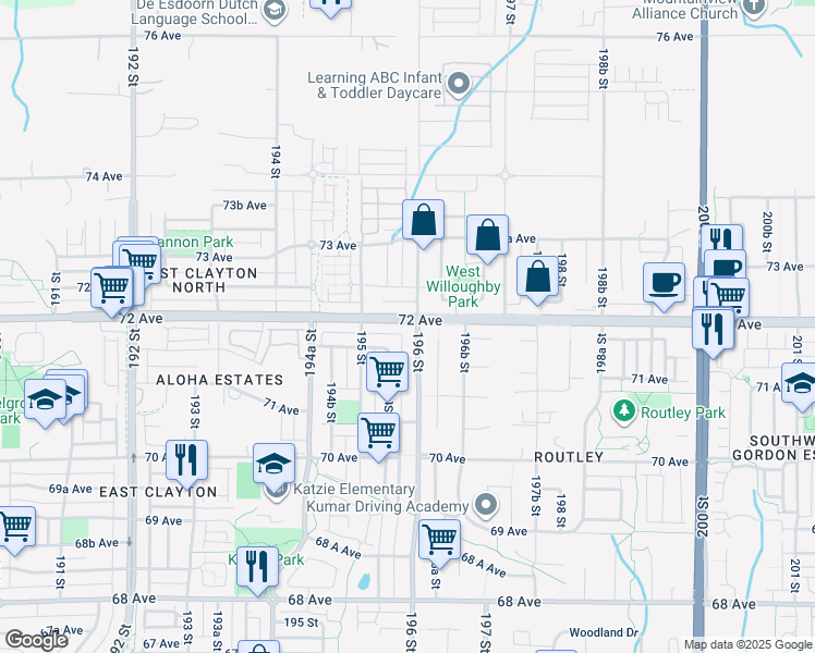 map of restaurants, bars, coffee shops, grocery stores, and more near 19590 72 Avenue in Surrey