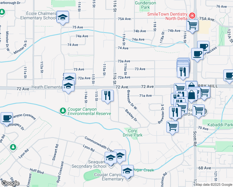 map of restaurants, bars, coffee shops, grocery stores, and more near 7167 116 Street in Delta