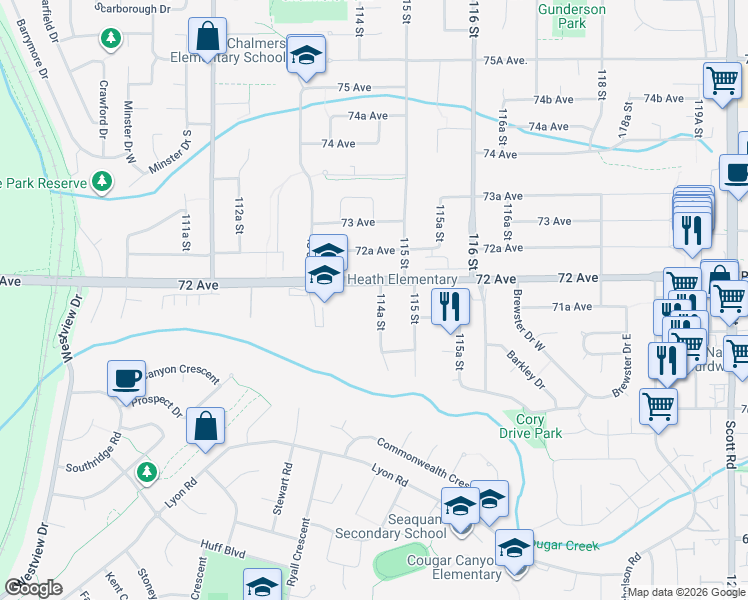 map of restaurants, bars, coffee shops, grocery stores, and more near 7175 114A Street in Delta