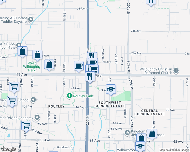map of restaurants, bars, coffee shops, grocery stores, and more near 7272 200 Street in Langley