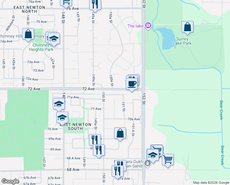 map of restaurants, bars, coffee shops, grocery stores, and more near 15058 72 Avenue in Surrey