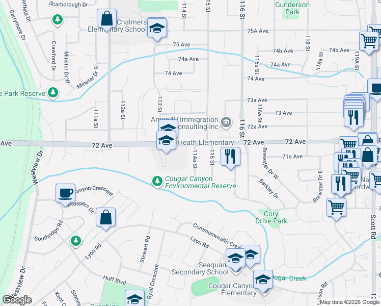 map of restaurants, bars, coffee shops, grocery stores, and more near 7175 114A Street in Delta