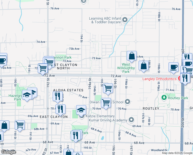 map of restaurants, bars, coffee shops, grocery stores, and more near 19478 72 Avenue in Surrey