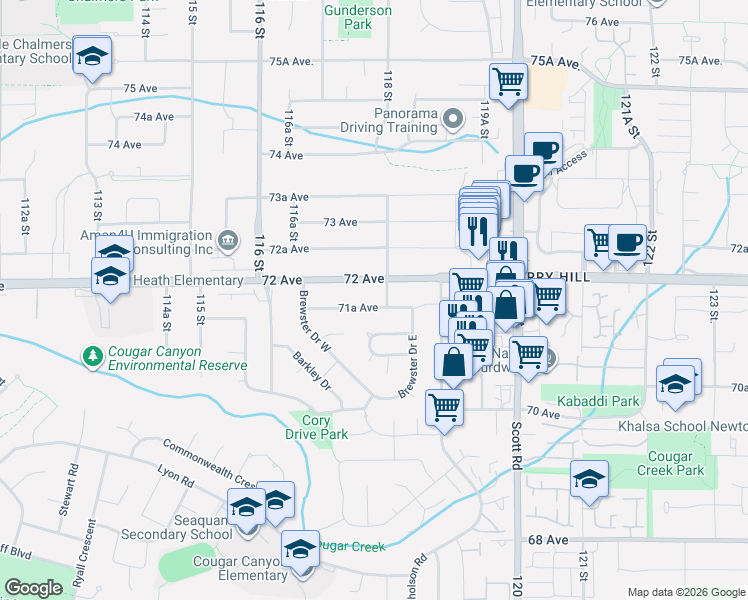 map of restaurants, bars, coffee shops, grocery stores, and more near 11781 71A Avenue in Delta