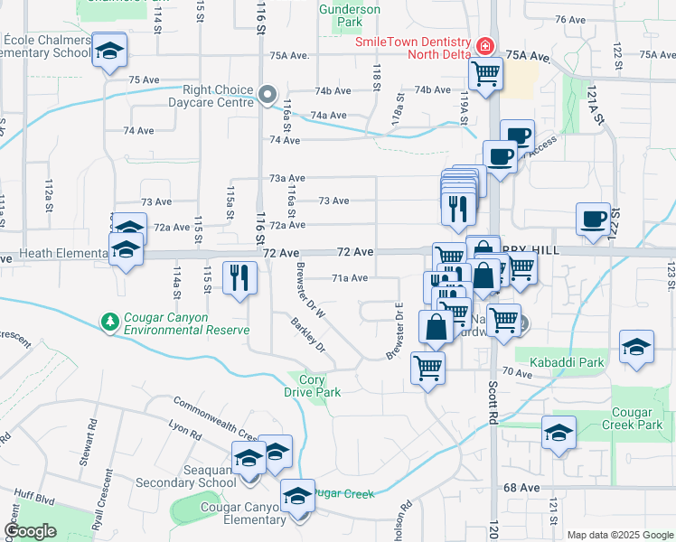 map of restaurants, bars, coffee shops, grocery stores, and more near 11731 71A Avenue in Delta
