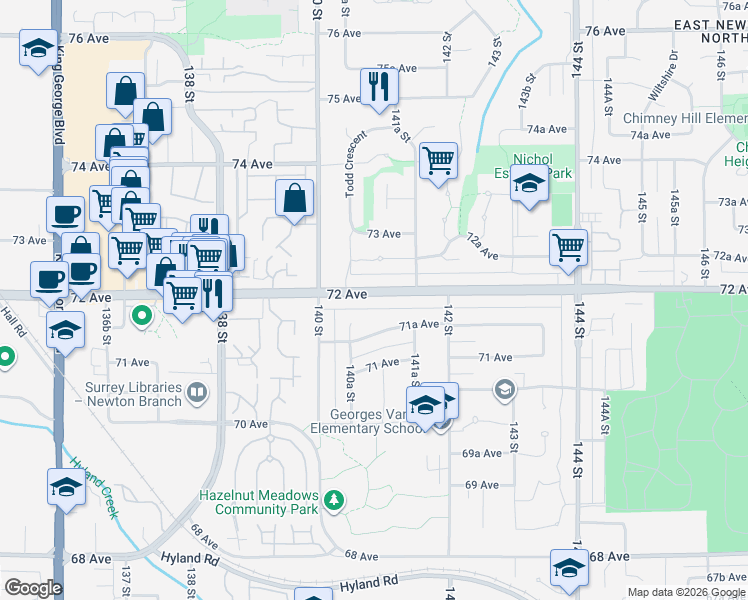 map of restaurants, bars, coffee shops, grocery stores, and more near 14086 72 Avenue in Surrey