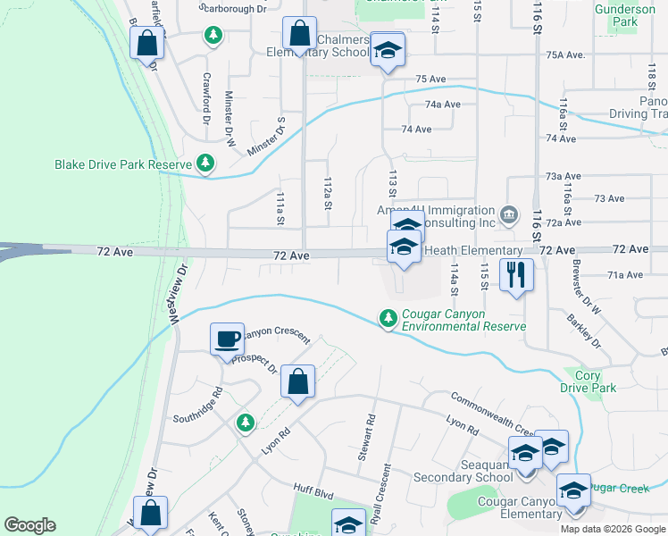 map of restaurants, bars, coffee shops, grocery stores, and more near 11266 72 Avenue in Delta
