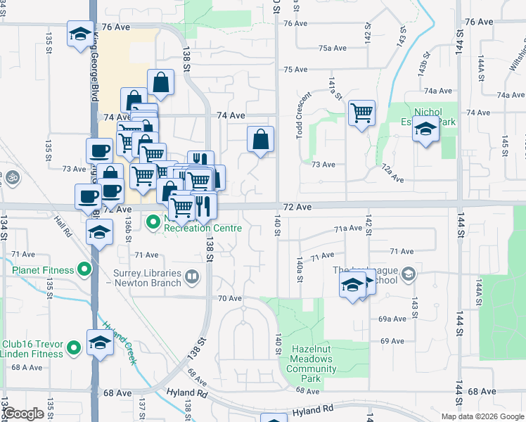 map of restaurants, bars, coffee shops, grocery stores, and more near 13982 72 Avenue in Surrey
