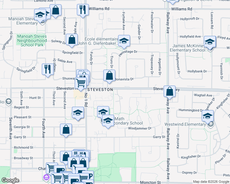 map of restaurants, bars, coffee shops, grocery stores, and more near 4300 Steveston Highway in Richmond
