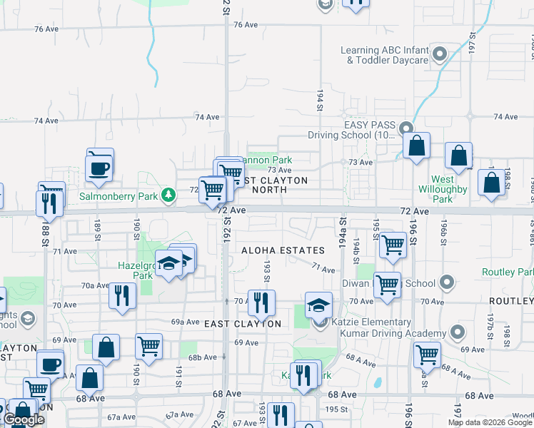 map of restaurants, bars, coffee shops, grocery stores, and more near 19255 Aloha Drive in Surrey