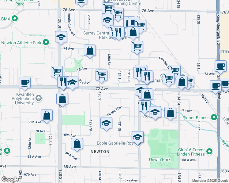map of restaurants, bars, coffee shops, grocery stores, and more near 13076 72 Avenue in Surrey
