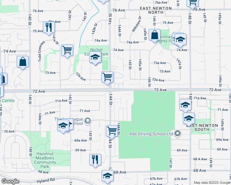 map of restaurants, bars, coffee shops, grocery stores, and more near 14438 72 Avenue in Surrey