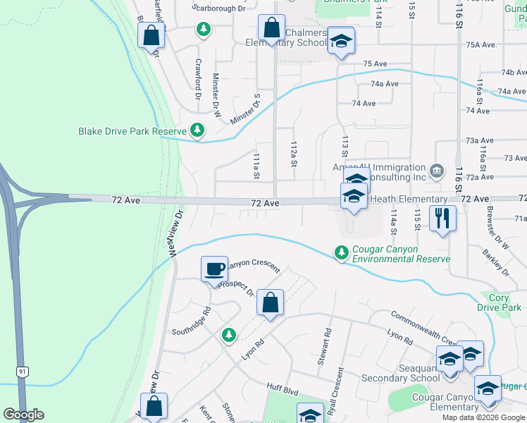 map of restaurants, bars, coffee shops, grocery stores, and more near 11188 72 Avenue in Delta