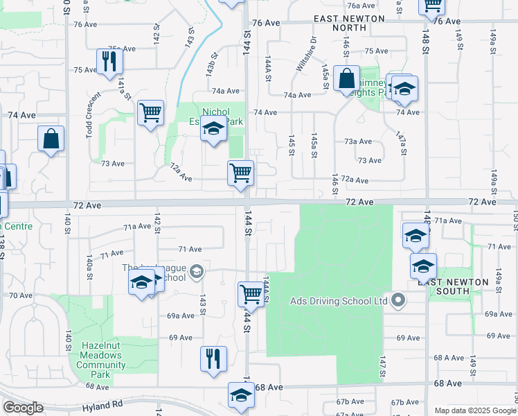 map of restaurants, bars, coffee shops, grocery stores, and more near 14393 72 Avenue in Surrey