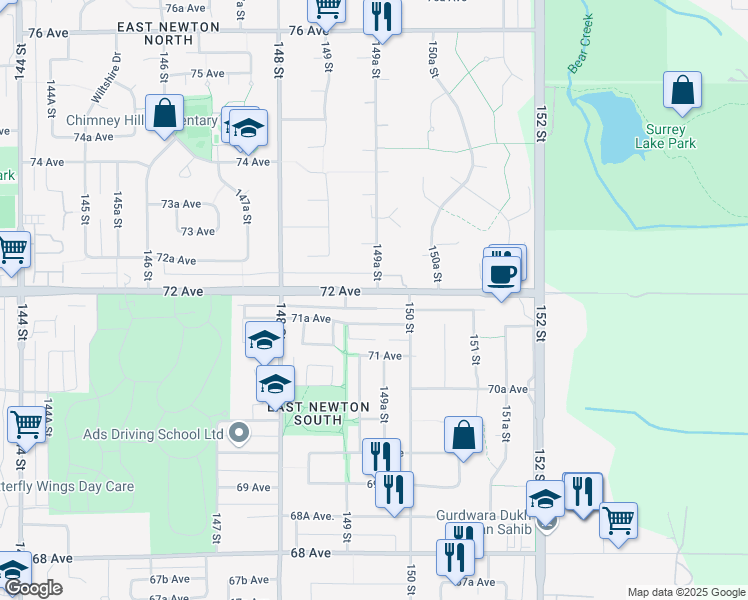 map of restaurants, bars, coffee shops, grocery stores, and more near 14948 72 Avenue in Surrey