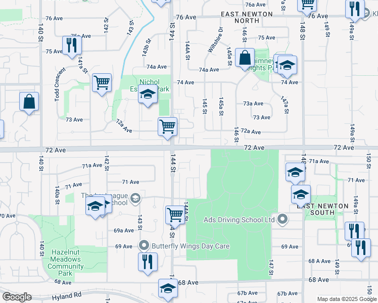 map of restaurants, bars, coffee shops, grocery stores, and more near 14468 72 Avenue in Surrey