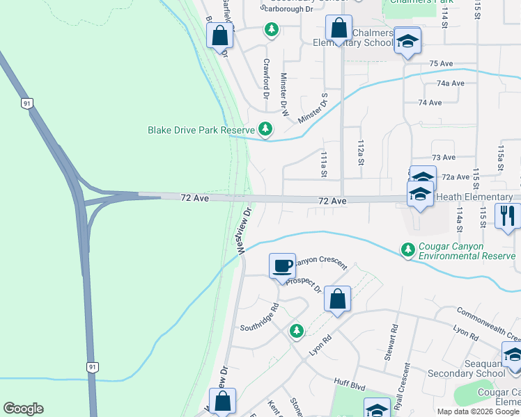 map of restaurants, bars, coffee shops, grocery stores, and more near 7181 Blake Drive in Delta
