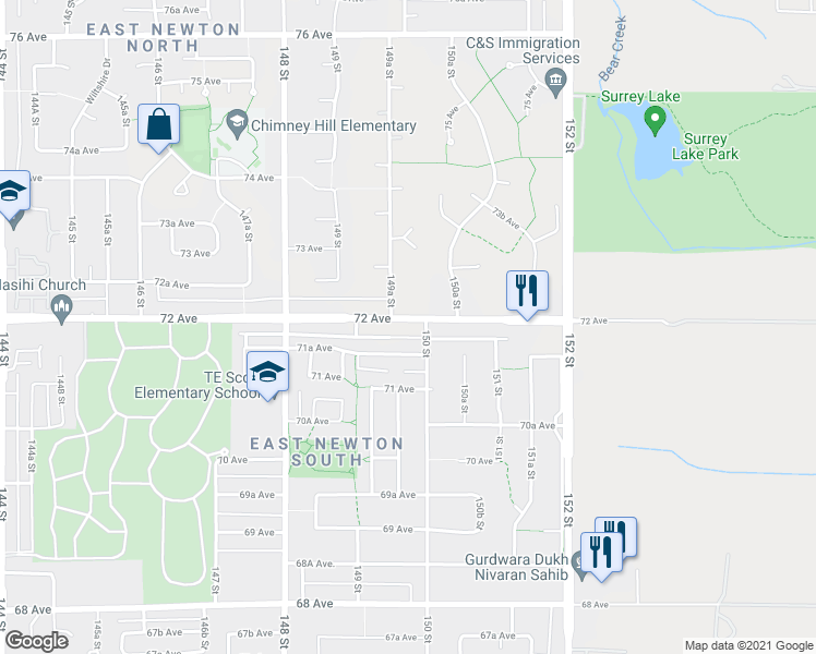 map of restaurants, bars, coffee shops, grocery stores, and more near 14980 72 Avenue in Surrey