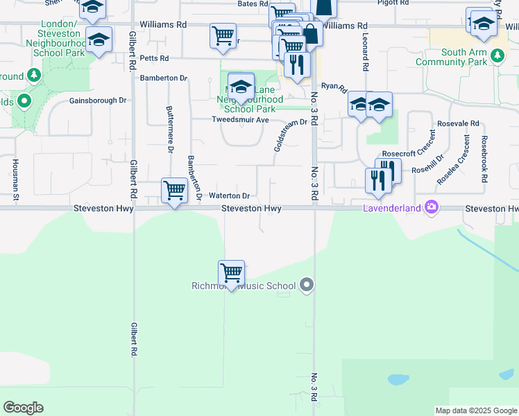 map of restaurants, bars, coffee shops, grocery stores, and more near 7631 Steveston Highway in Richmond