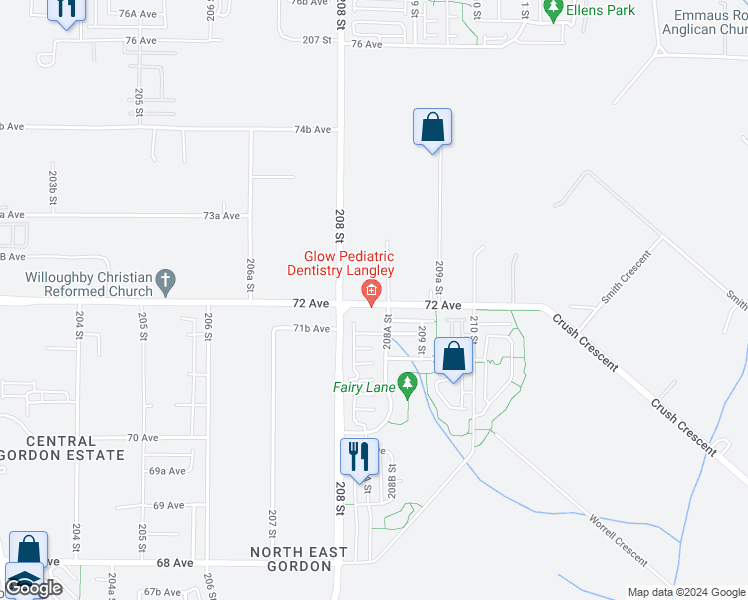 map of restaurants, bars, coffee shops, grocery stores, and more near 20861 72 Avenue in Langley City