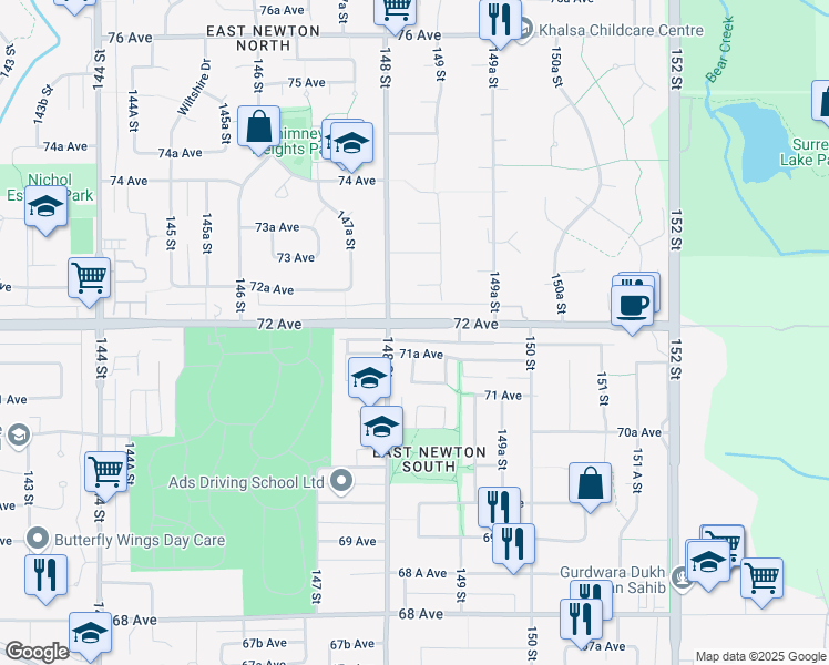 map of restaurants, bars, coffee shops, grocery stores, and more near 14838 72 Avenue in Surrey