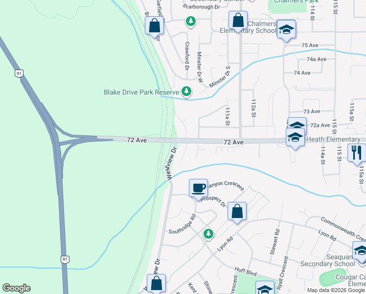 map of restaurants, bars, coffee shops, grocery stores, and more near 7181 Blake Drive in Delta