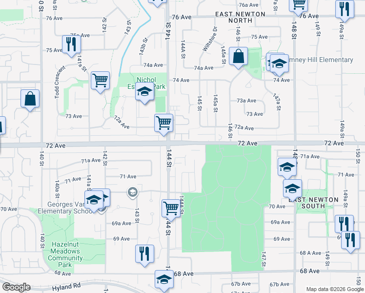 map of restaurants, bars, coffee shops, grocery stores, and more near 14468 72 Avenue in Surrey