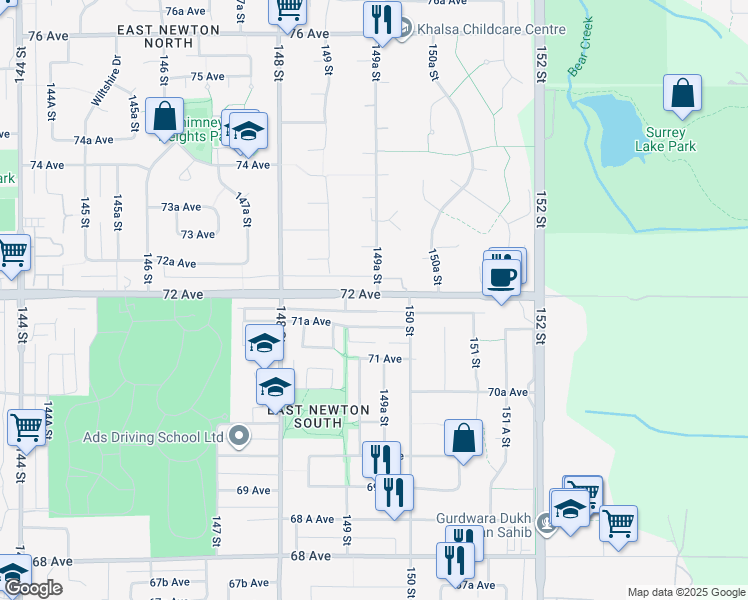 map of restaurants, bars, coffee shops, grocery stores, and more near 14948 72 Avenue in Surrey