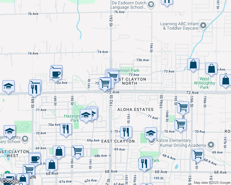 map of restaurants, bars, coffee shops, grocery stores, and more near 19220 72 Avenue in Surrey