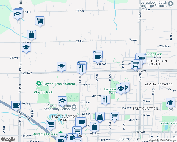 map of restaurants, bars, coffee shops, grocery stores, and more near 18865 72 Avenue in Surrey