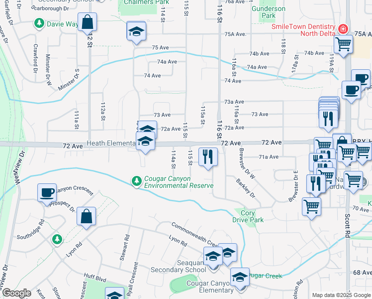 map of restaurants, bars, coffee shops, grocery stores, and more near 7195 115 Street in Delta