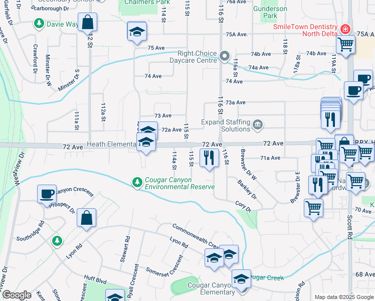 map of restaurants, bars, coffee shops, grocery stores, and more near 7195 115 Street in Delta