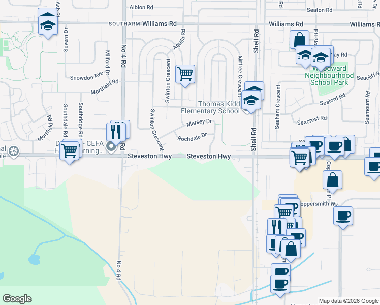 map of restaurants, bars, coffee shops, grocery stores, and more near 10411 Steveston Highway in Richmond