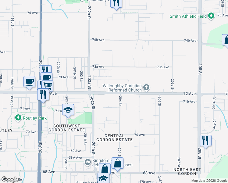 map of restaurants, bars, coffee shops, grocery stores, and more near 20379 Jericho Road in Langley