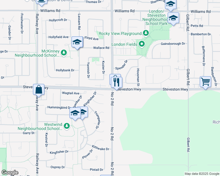 map of restaurants, bars, coffee shops, grocery stores, and more near 10795 Number 2 Road in Richmond