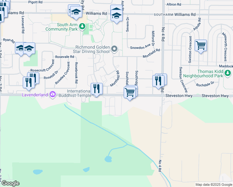 map of restaurants, bars, coffee shops, grocery stores, and more near 9633 Steveston Highway in Richmond