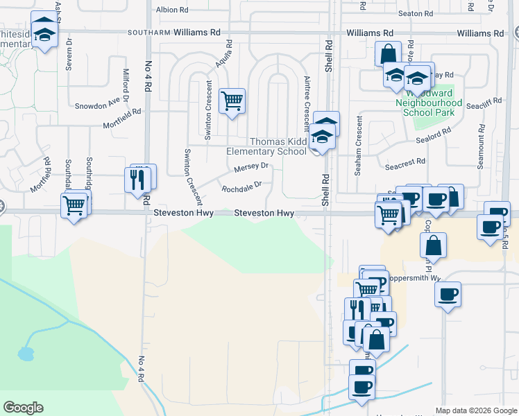 map of restaurants, bars, coffee shops, grocery stores, and more near 10951 Southport Road in Richmond