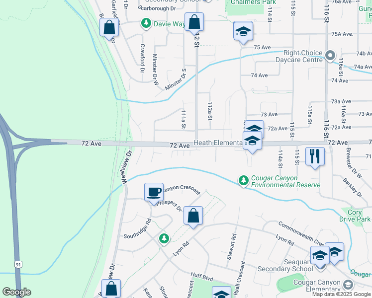 map of restaurants, bars, coffee shops, grocery stores, and more near 11188 72 Avenue in Delta