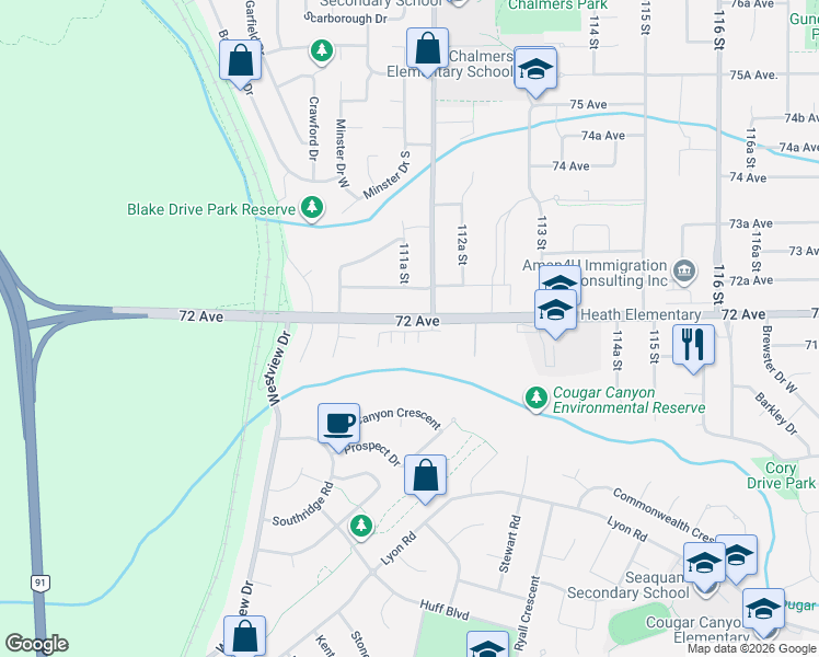 map of restaurants, bars, coffee shops, grocery stores, and more near 11188 72 Avenue in Delta