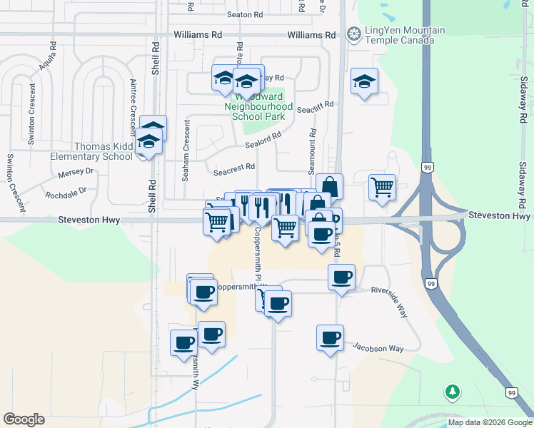 map of restaurants, bars, coffee shops, grocery stores, and more near 11393 Steveston Highway in Richmond