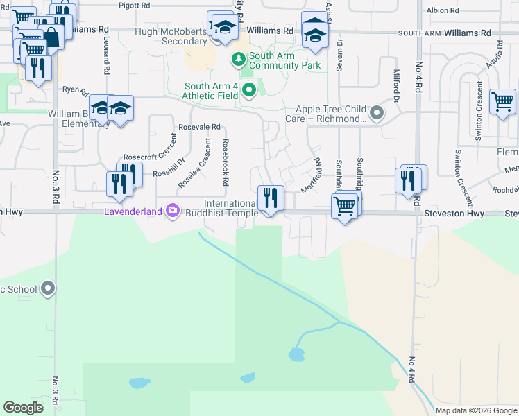 map of restaurants, bars, coffee shops, grocery stores, and more near 9075 Steveston Highway in Richmond