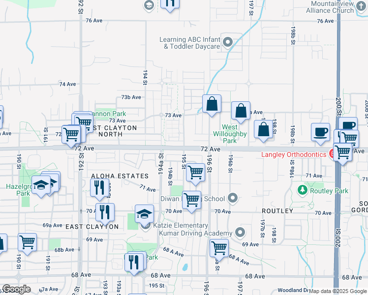 map of restaurants, bars, coffee shops, grocery stores, and more near 72 Ave & 195 St in Surrey