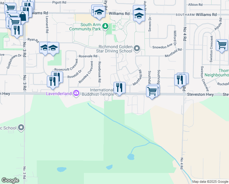 map of restaurants, bars, coffee shops, grocery stores, and more near 9075 Steveston Highway in Richmond