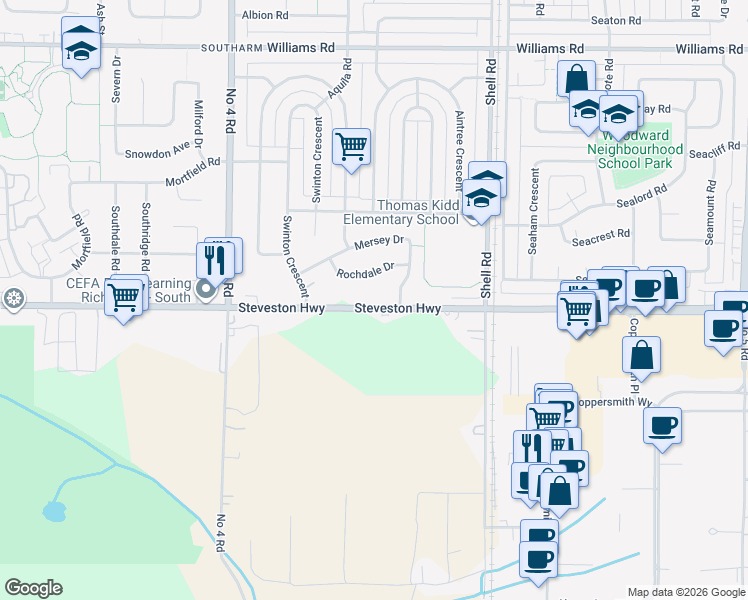 map of restaurants, bars, coffee shops, grocery stores, and more near 10431 Steveston Highway in Richmond