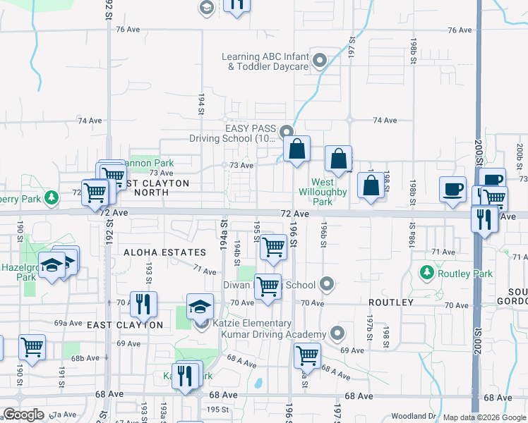 map of restaurants, bars, coffee shops, grocery stores, and more near 19555 72 Avenue in Surrey
