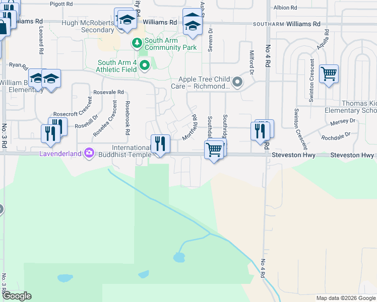 map of restaurants, bars, coffee shops, grocery stores, and more near 9531 Steveston Highway in Richmond