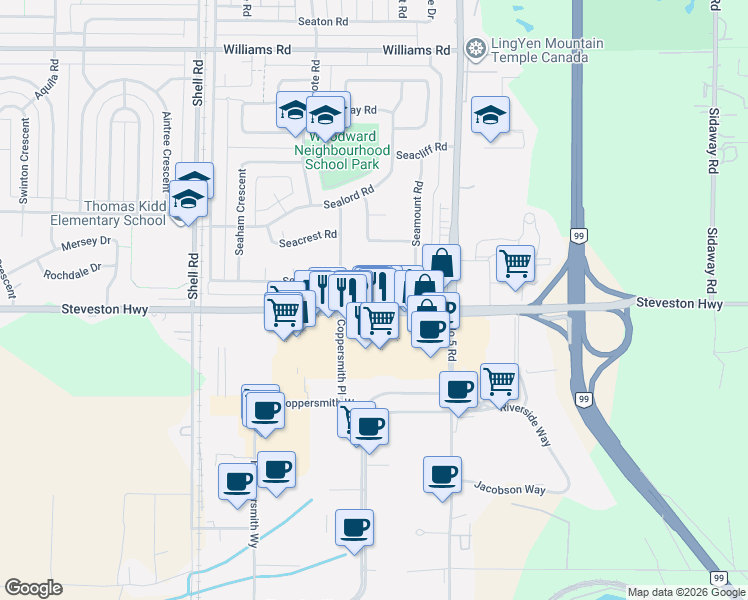 map of restaurants, bars, coffee shops, grocery stores, and more near 11511 Steveston Highway in Richmond