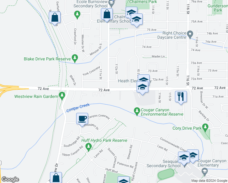 map of restaurants, bars, coffee shops, grocery stores, and more near 11230 72 Avenue in Delta