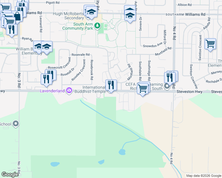 map of restaurants, bars, coffee shops, grocery stores, and more near 9131 Steveston Highway in Richmond